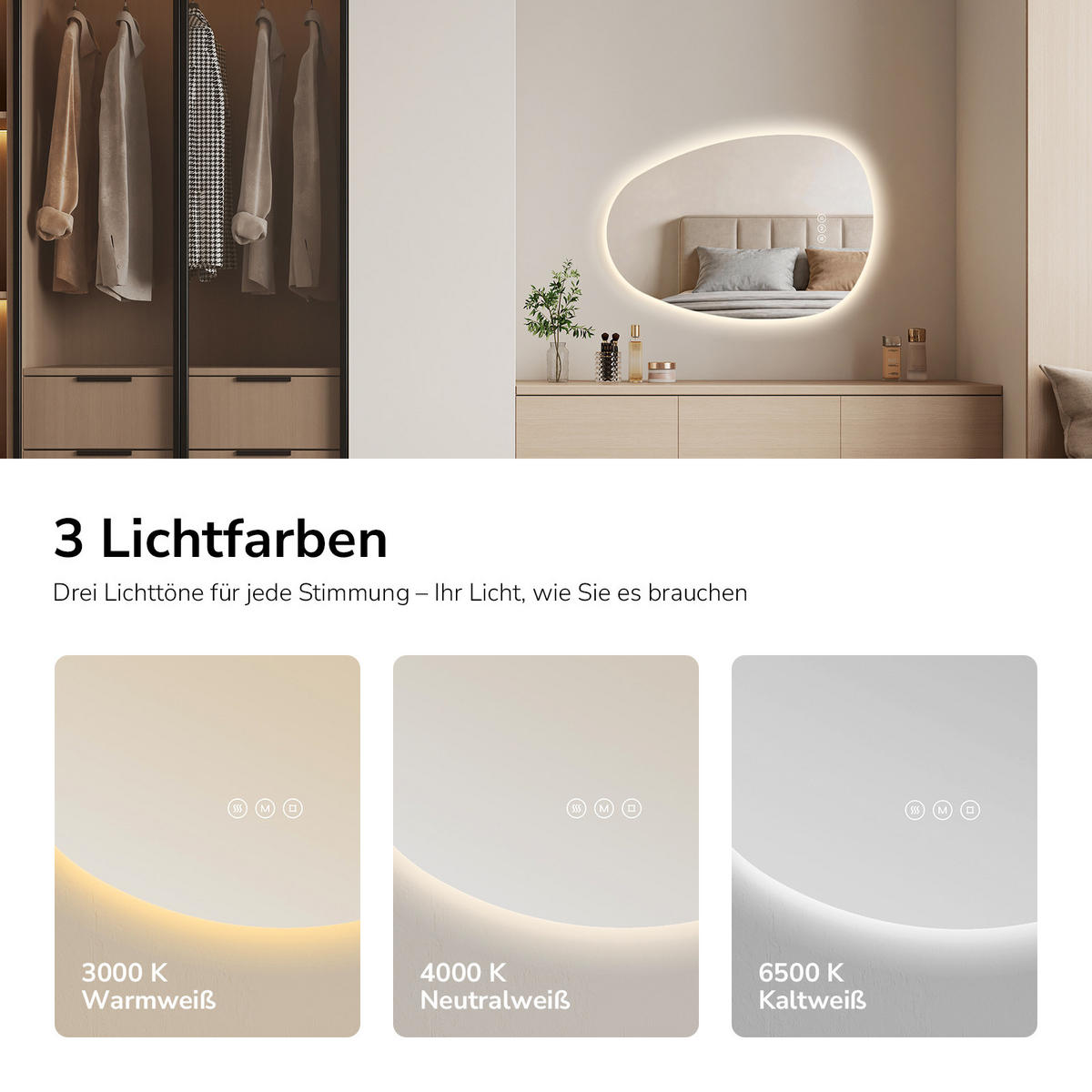 BADSPIEGEL asymmetrisch mit LED-Beleuchtung, Antibeschlag, 45/65 cm - Transparent, Glas (45/65/2.5cm) - EMKE