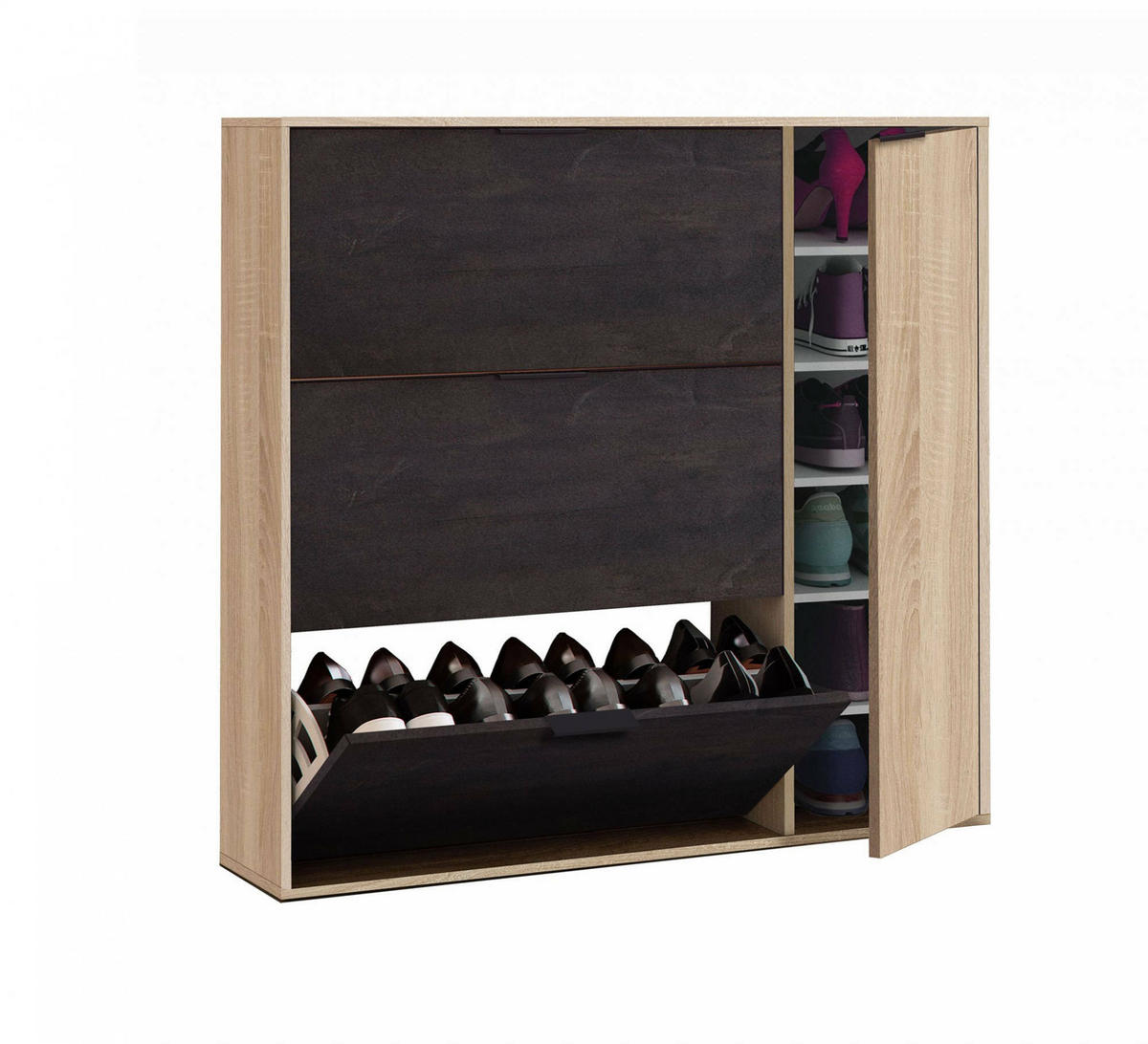 SCHUHSCHRANK Eiche, Schwarz 22/106/115 cm - Wildeiche/Schwarz, Holzwerkstoff (106/115/22cm) - DMORA