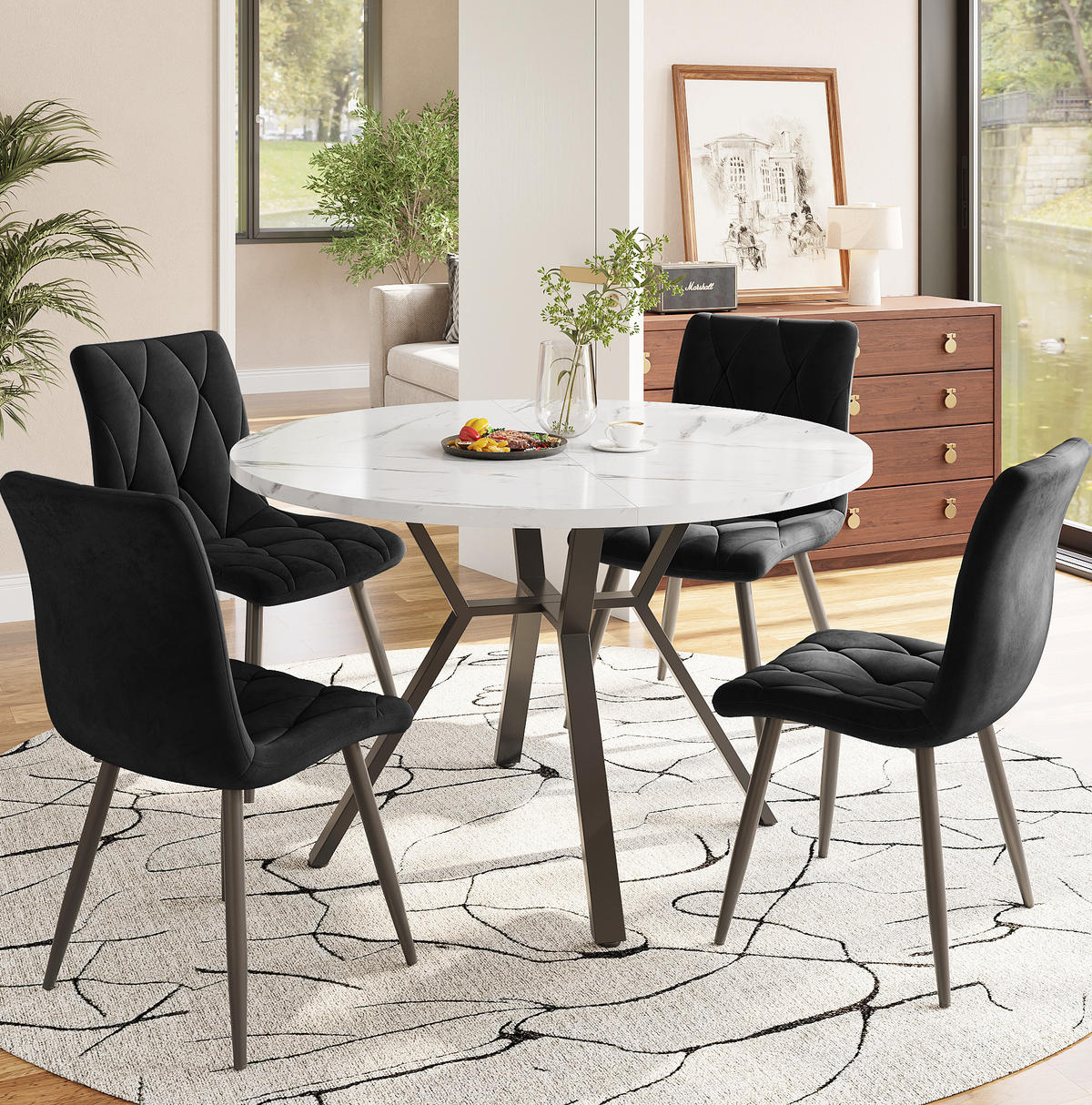 ESSTISCH 100x100x75 cm in Schwarz aus MDF mit Weiß-Marmoroptik auf X-förmigem Stahlgestell - Schwarz, Holzwerkstoff (100/100/75cm) - Modfu
