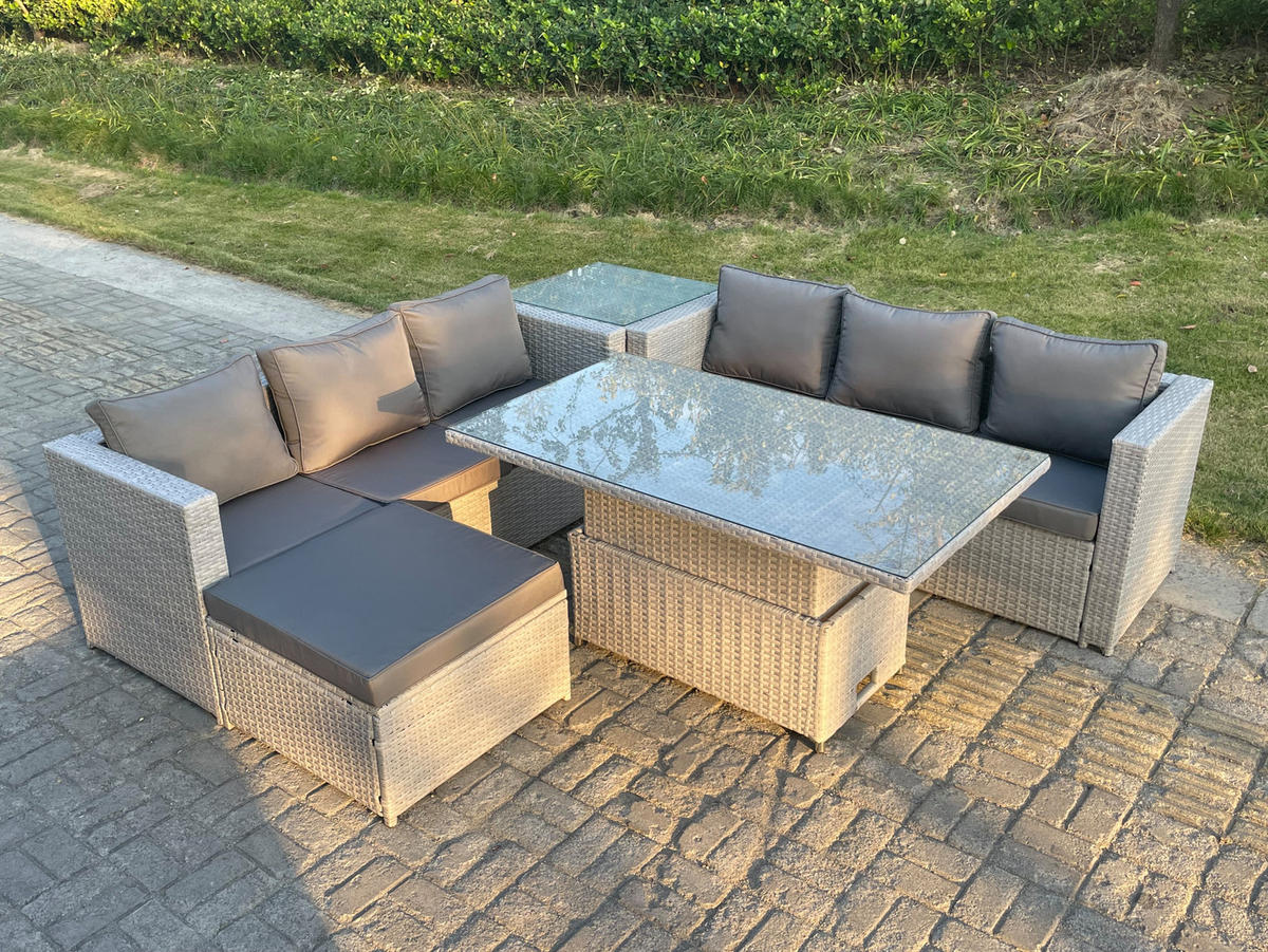 GARTENMÖBEL SET mit höhenverstellbarer Tisch Polyrattan Helles Grau 7-Sitzer - Hellgrau, Metall - Fimous