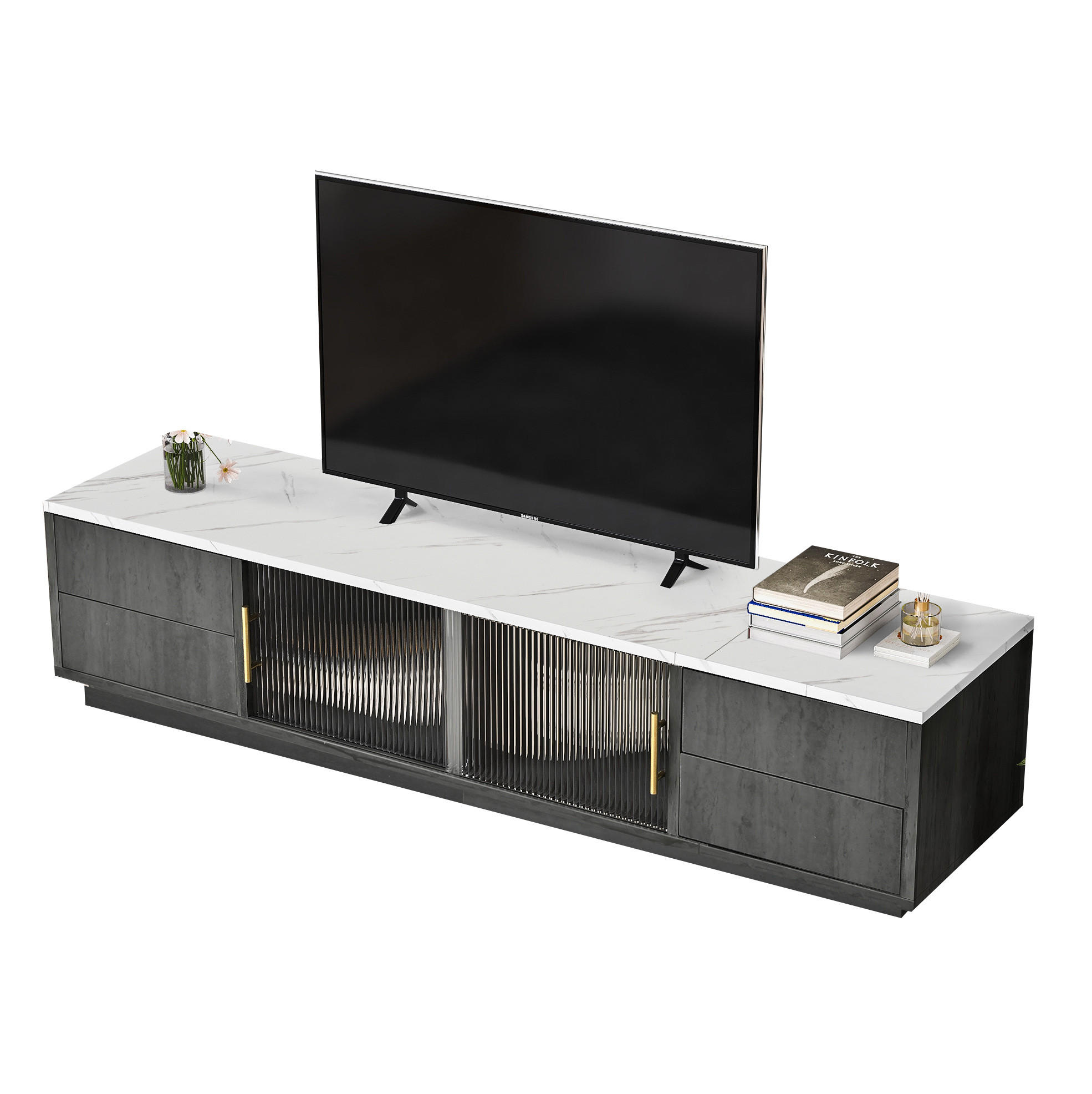 TV-LOWBOARD aus MDF 160x40x38,5 cm Grau mit 4 Push-to-Open-Schubladen und Kabelmanagement - Grau, Holzwerkstoff (160/38.5/40cm) - Modfu