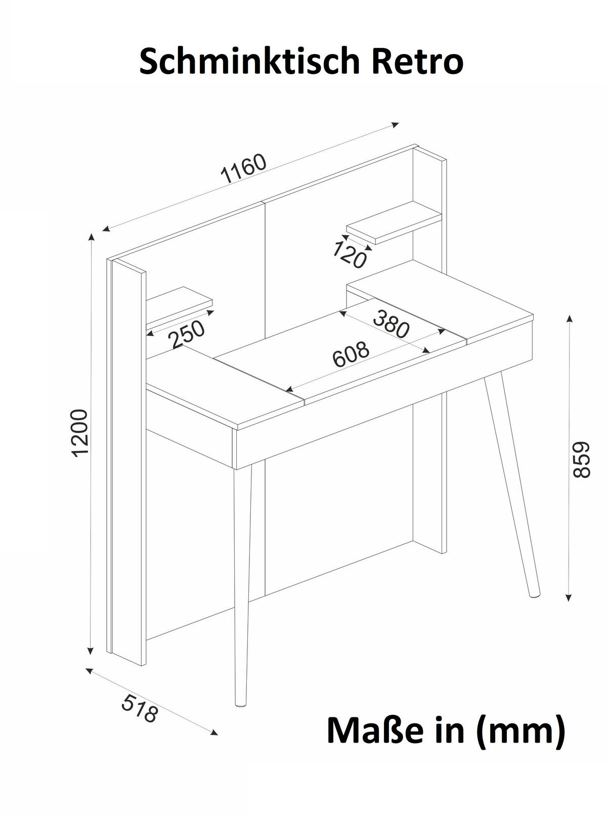 SCHMINKTISCH Retro mit Spiegel Weiß Walnuss - Walnussfarben/Weiß, Holzwerkstoff (116/120/52cm) - moebel17