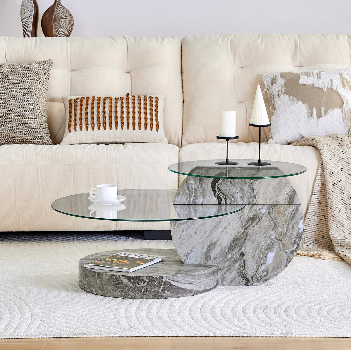 COUCHTISCH 70 cm mit Ablage aus Sicherheitsglas in grauer Marmoroptik - Transparent, Holzwerkstoff (90/70/44cm) - BEAOK