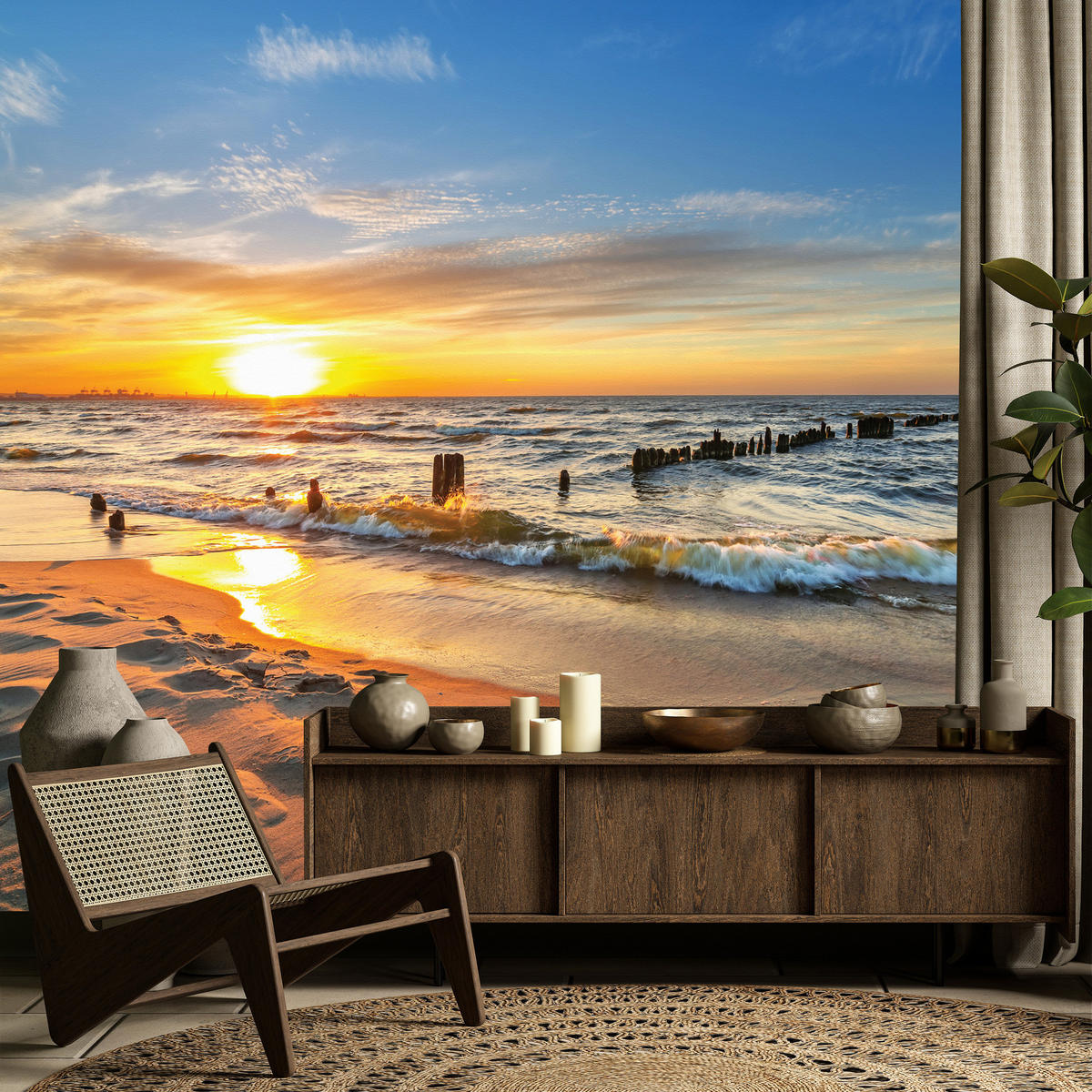 FOTOTAPETE Sonnenuntergang Strand Meer Landschaft 3D 500x350 cm - Blau/Gelb, Papier (500/350cm) - Muralo