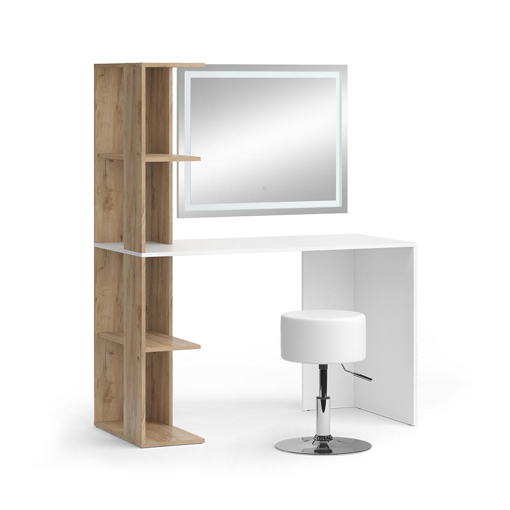 SCHMINKTISCH Tower Weiß/Sonoma 122.2 cm mit LED-Spiegel und Hocker - Weiß/Sonoma Eiche, Holzwerkstoff (122.2/75.8/55.2cm) - Vicco