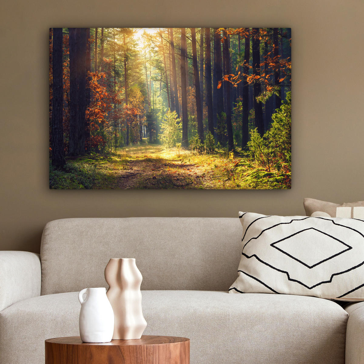 LEINWANDBILD Wald - Herbst - Bäume Gemälde 60x40 cm - Dunkelgrün, Textil (60/40cm) - MuchoWow