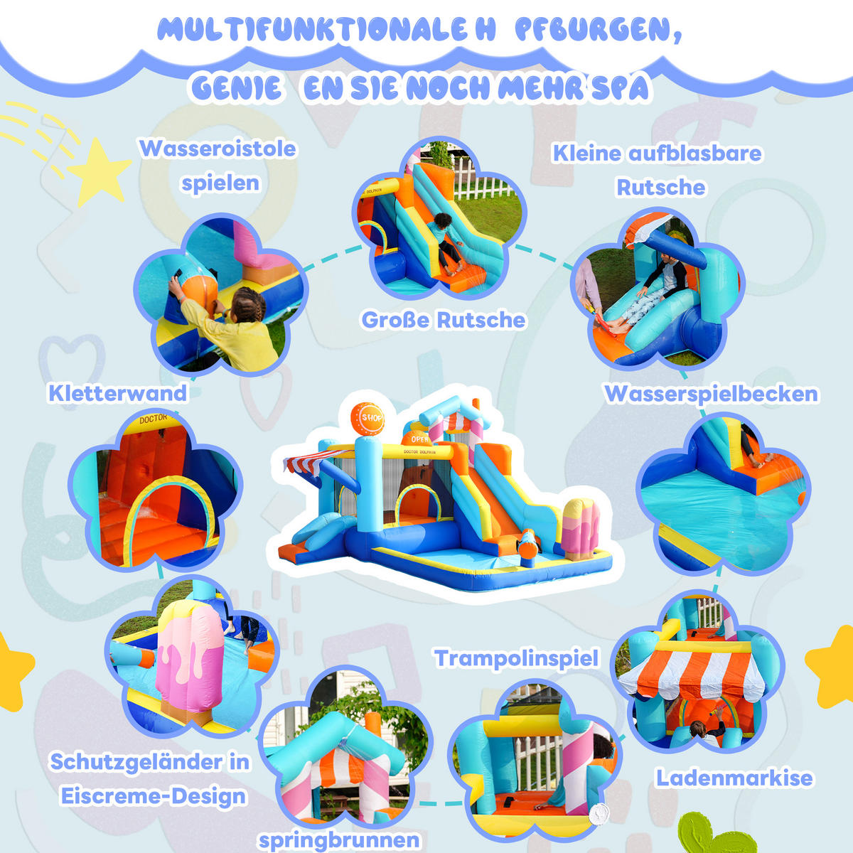 HÜPFBURG Wasserpark Trampolin 450W Gebläse - Blau, Textil (340/395/236cm) - LEBENLANG