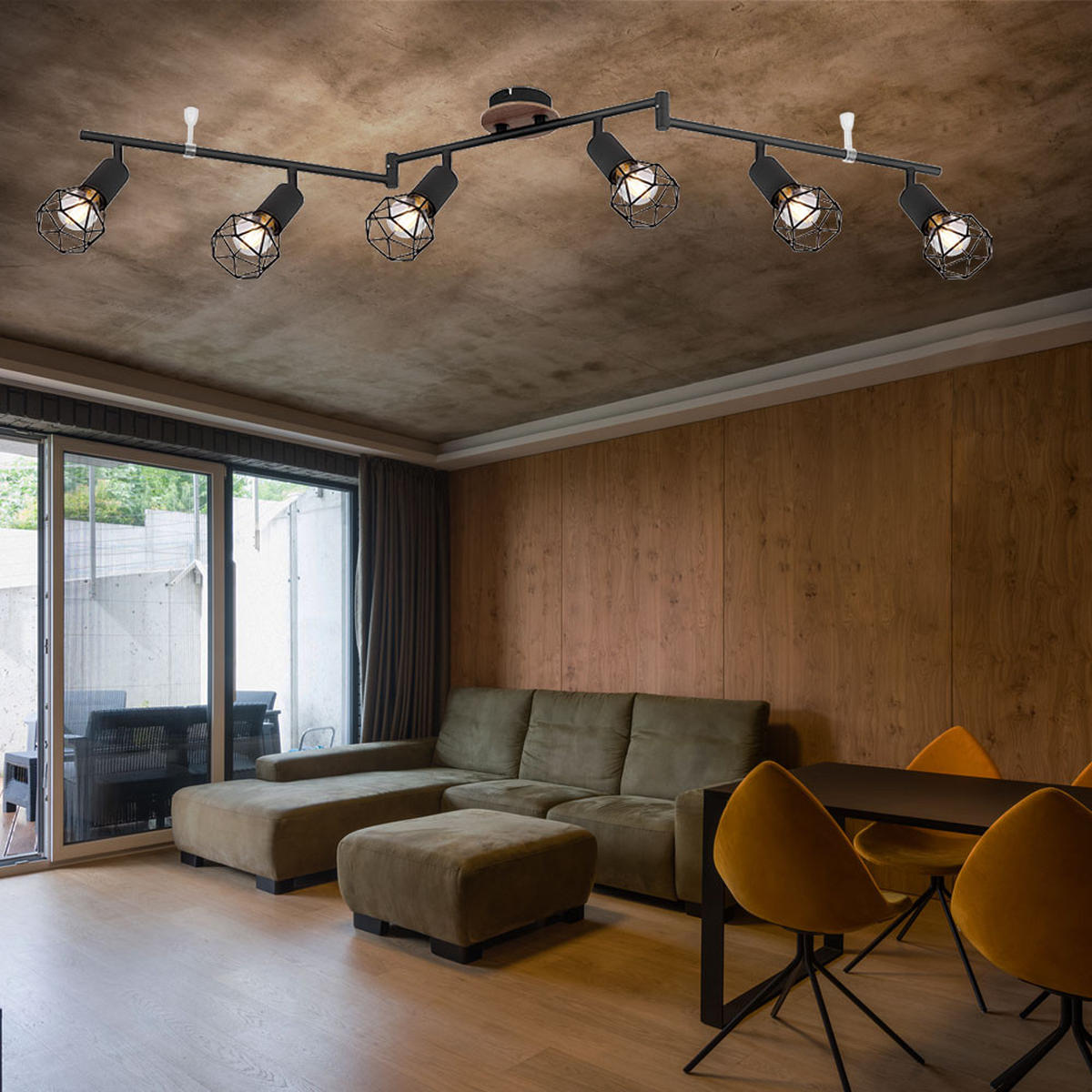 DECKENLEUCHTE Retro Schwarz Drahtgeflecht 6 flammig - Schwarz, Holz (116/10/24.5cm) - Globo Lighting