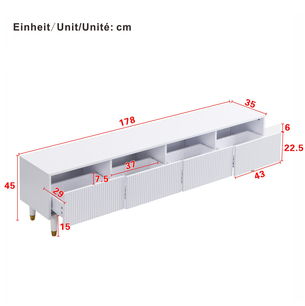 LOWBOARD 178/35/45 cm aus MDF mit 4 Schubladen Weiß - Weiß, Holzwerkstoff (178/45/35cm) - Modenvie