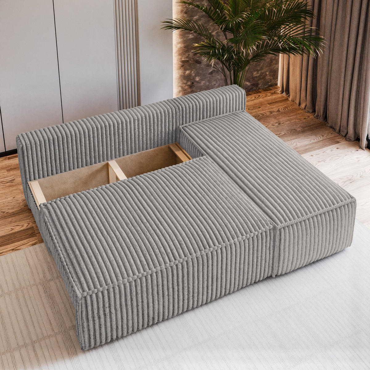 ECKSOFA BRISO T Rosa Kordstoff mit Schlaffunktion - Rosa, Holz (200/140cm) - MASSENO