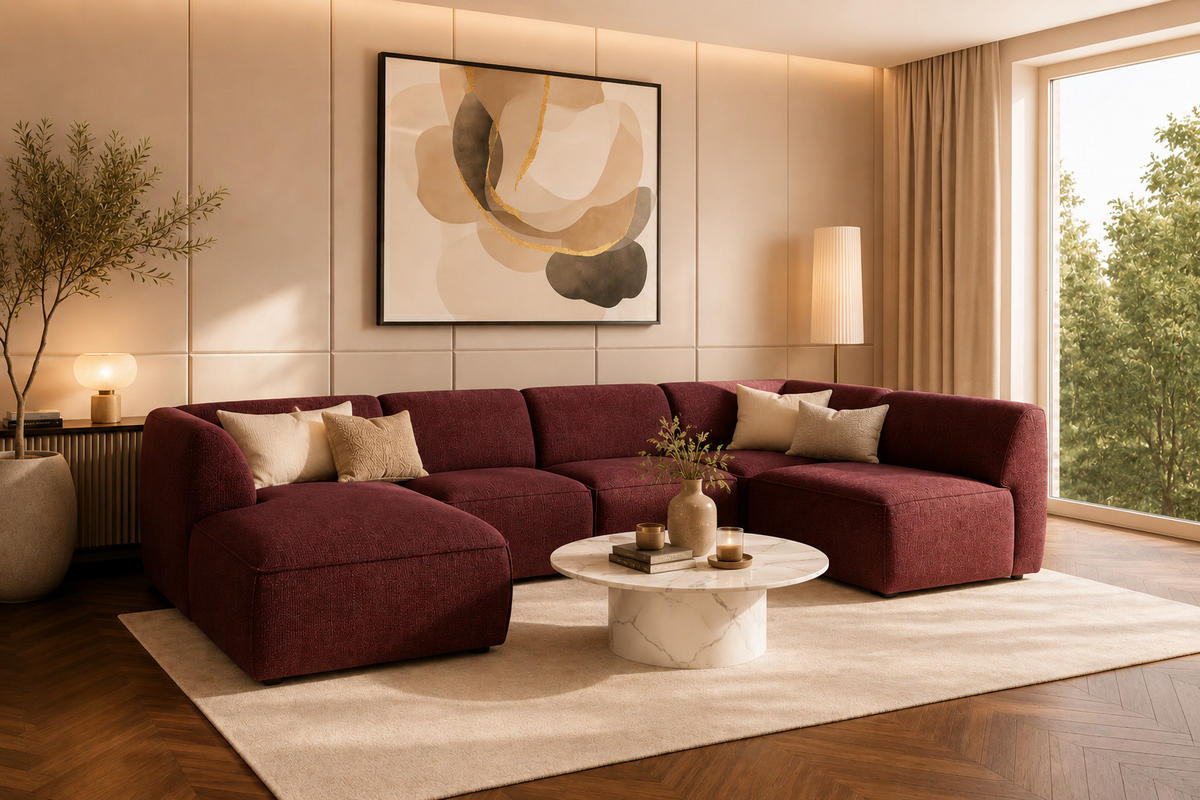 WOHNLANDSCHAFT MOVO - modulares Ecksofa bordeaux – modernes Design und flexible Gestaltung, links - Dunkelgrün/Bordeaux, Kunststoff/Textil (156/78/345cm) - KS Home Concept