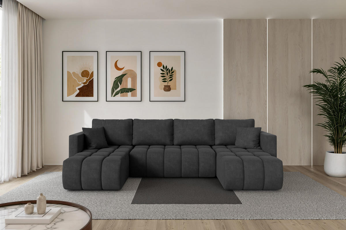 SEDACÍ SOUPRAVA DO U s funkcí spaní a úložným prostorem GARD-U 300x146x85 tmavě šedá velur - černá/antracitová, kompozitní dřevo/textil (300/85/146cm) - ALTDECOR