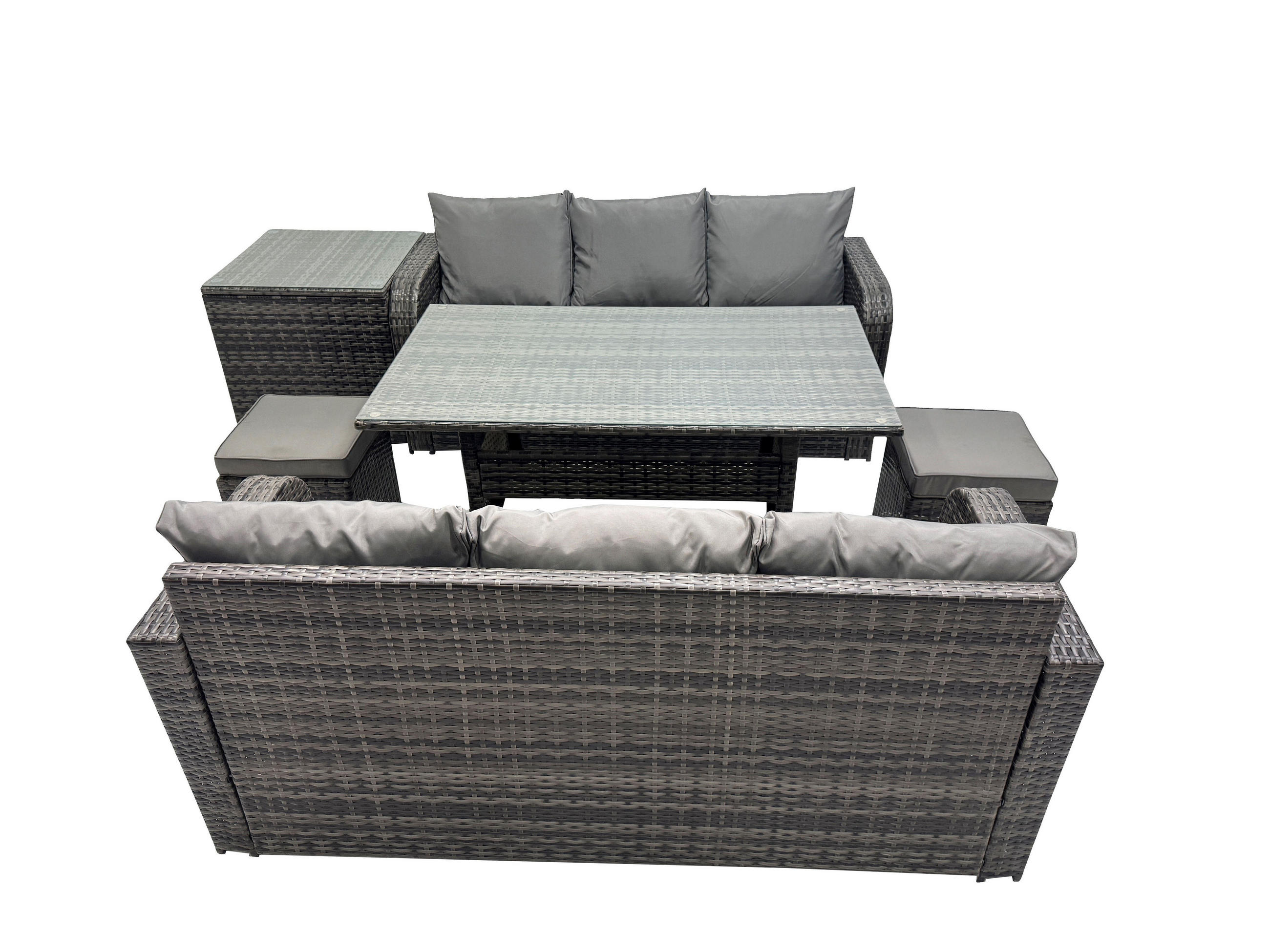 GARTENTISCHGRUPPE mit Beistelltisch,2 Hockern Polyrattan Dunkelgrau 8-Sitzer - Dunkelgrau/Grau, Glas/Kunststoff - Fimous