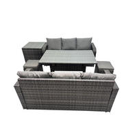 GARTENTISCHGRUPPE mit Beistelltisch,2 Hockern Polyrattan Dunkelgrau 8-Sitzer - Dunkelgrau/Grau, Glas/Kunststoff - Fimous