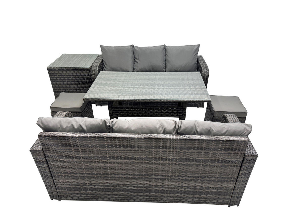 GARTENTISCHGRUPPE mit Beistelltisch,2 Hockern Polyrattan Dunkelgrau 8-Sitzer - Dunkelgrau/Grau, Glas/Kunststoff - Fimous