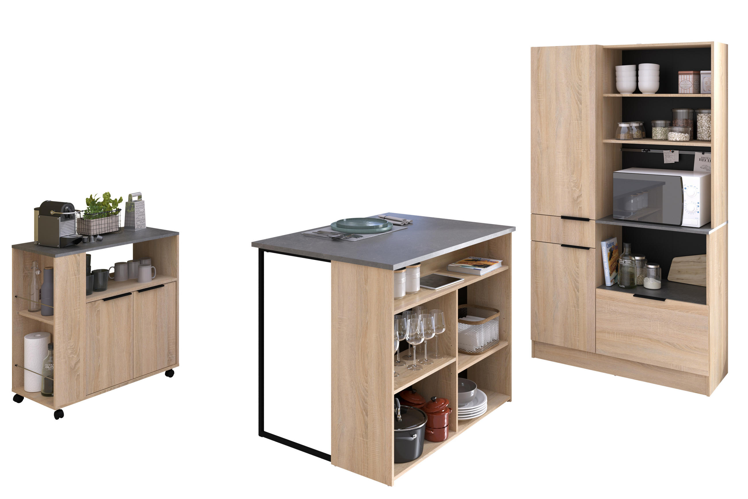 KÜCHENMÖBEL Fumay 3 in Eiche und Beton Optik 3teilig Küchenbuffet mit Küchentheke und Beistellschrank - Braun, Holzwerkstoff (80/200/120cm)