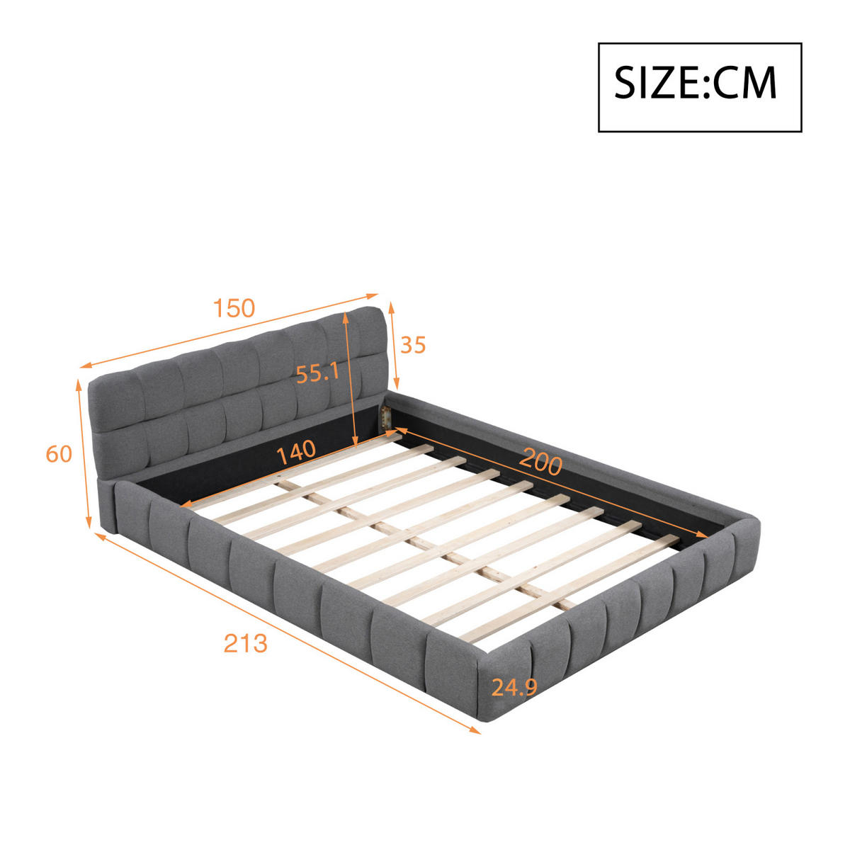 POLSTERBETT 160x200 cm Bubble Design Lattenrost Rückenlehne Leinen grau - Grau, Holz (160/200cm) - LEBENLANG
