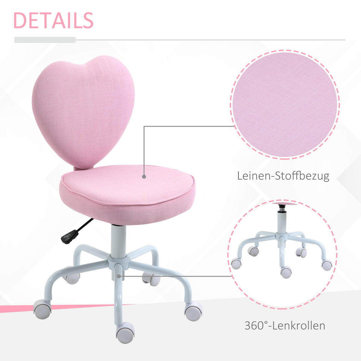 DREHSTUHL, niedliches Herz-Design, höhenverstellbar, Stoffbezug in Leinenoptik, rosa, 42 x 50 x 79-89 cm - Rosa, Textil (50/89/42cm)