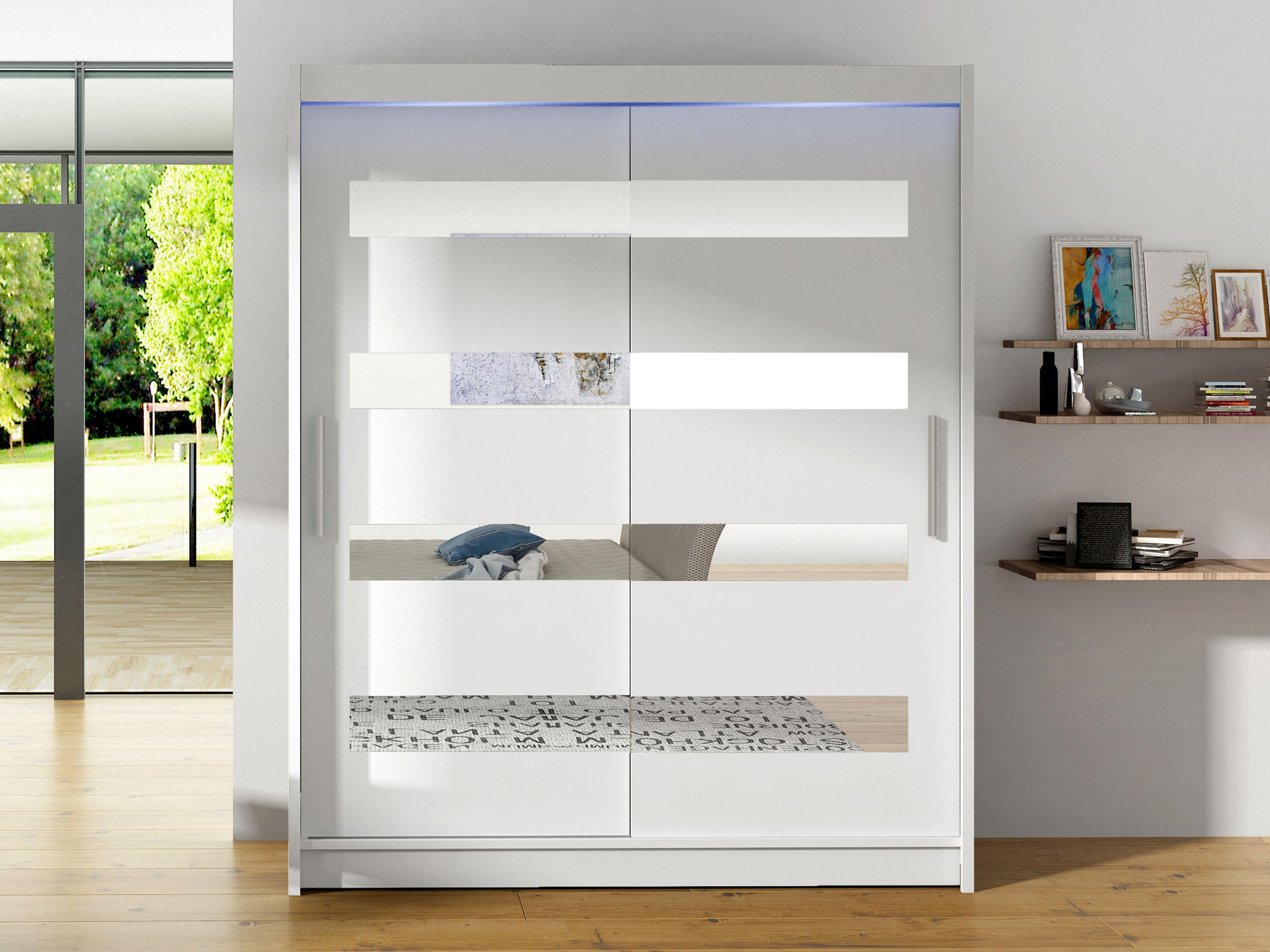 SCHWEBETÜRENSCHRANK Westa XIII, mit RGB LED Beleuchtung - Silberfarben/Weiß, Holzwerkstoff/Metall (150/200/58cm) - MIRJAN24