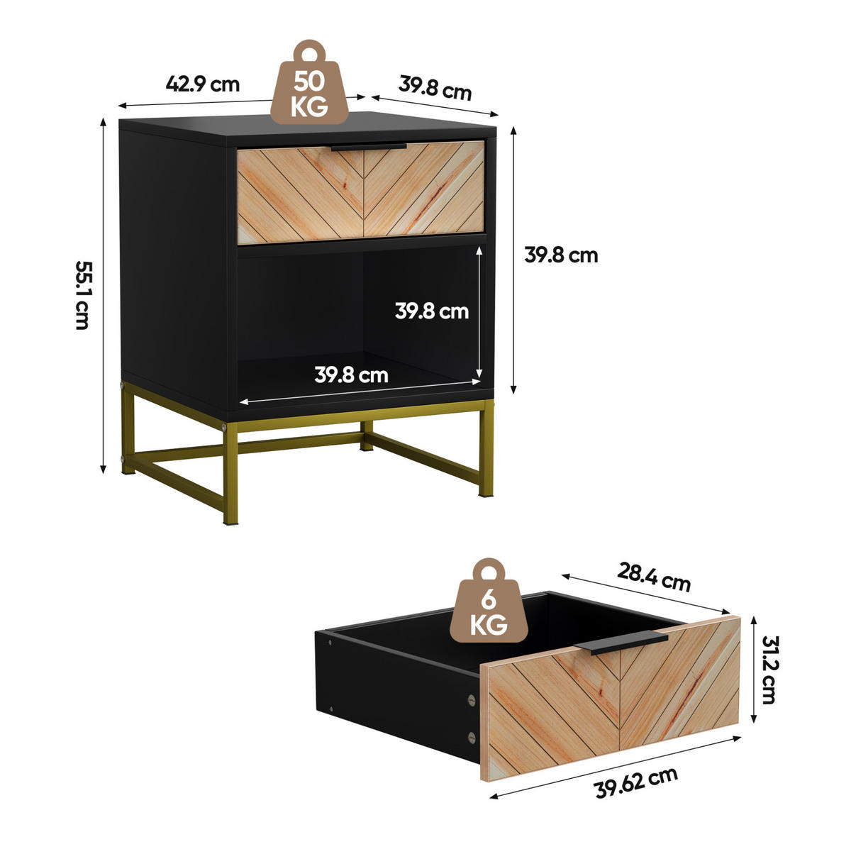 NACHTTISCH 43/40/55 cm mit Schublade & offenem Fach in Schwarz/Natur - Hellbraun, Holzwerkstoff (40/55/43cm) - BEAOK