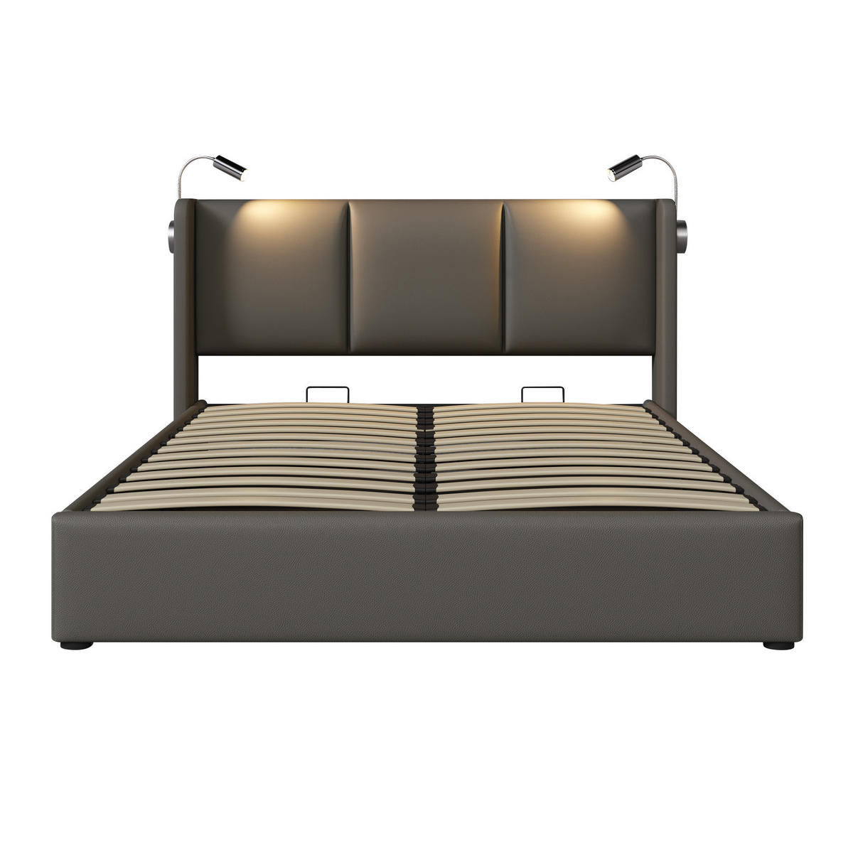 POLSTERBETT aus Kunstleder 160x200 cm in Grau mit LED-Leselicht & USB - Grau, Leder (160/200cm) - Modfu