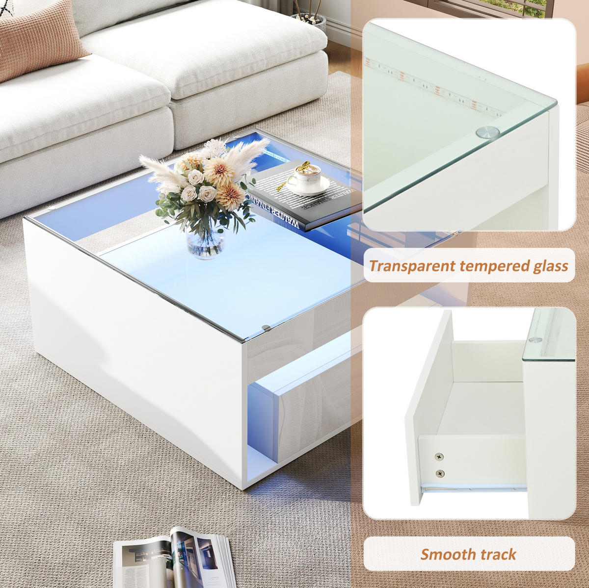 COUCHTISCH 70/70/35 cm in Weiß aus MDF und Glas mit LED und Stauraum - Weiß, Holzwerkstoff (70/70/35cm) - OKMYHOME