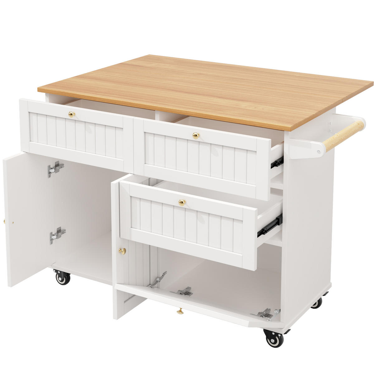 KÜCHENINSEL aus MDF 133x37,3/70x88 cm Weiß mit Rollen, Stützfüßen und Klapptür mit Kettenbremse - Weiß, Holzwerkstoff (133/88/37cm) - Modfu