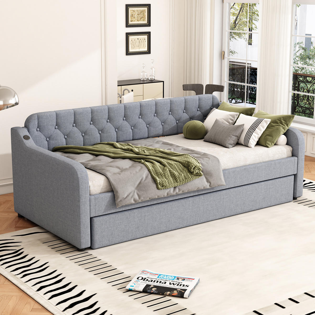 ROZKLADACIA posteľ z ľanovej tkaniny a MDF 90x200 cm sivá s výsuvným lôžkom a USB portom - sivá, textil (90/200cm) - Modfu