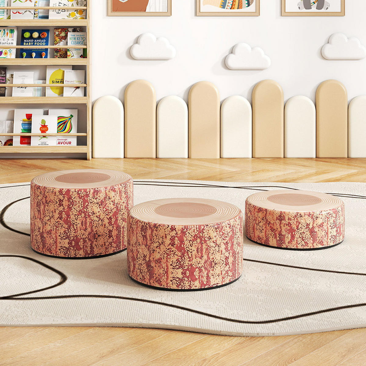 KINDERSITZGRUPPE aus Holz mit Muster braun(3-tlg) - Braun, Leder (38/25/38cm) - COSTWAY