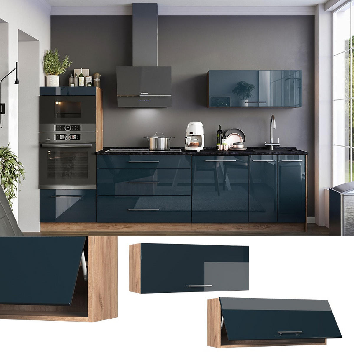 HÄNGESCHRANK Fame-Line, Dunkelblau Hochglanz/Goldkraft Eiche, 100 cm - Honigeiche/Dunkelblau, Holzwerkstoff (100/40/34.1cm) - Vicco
