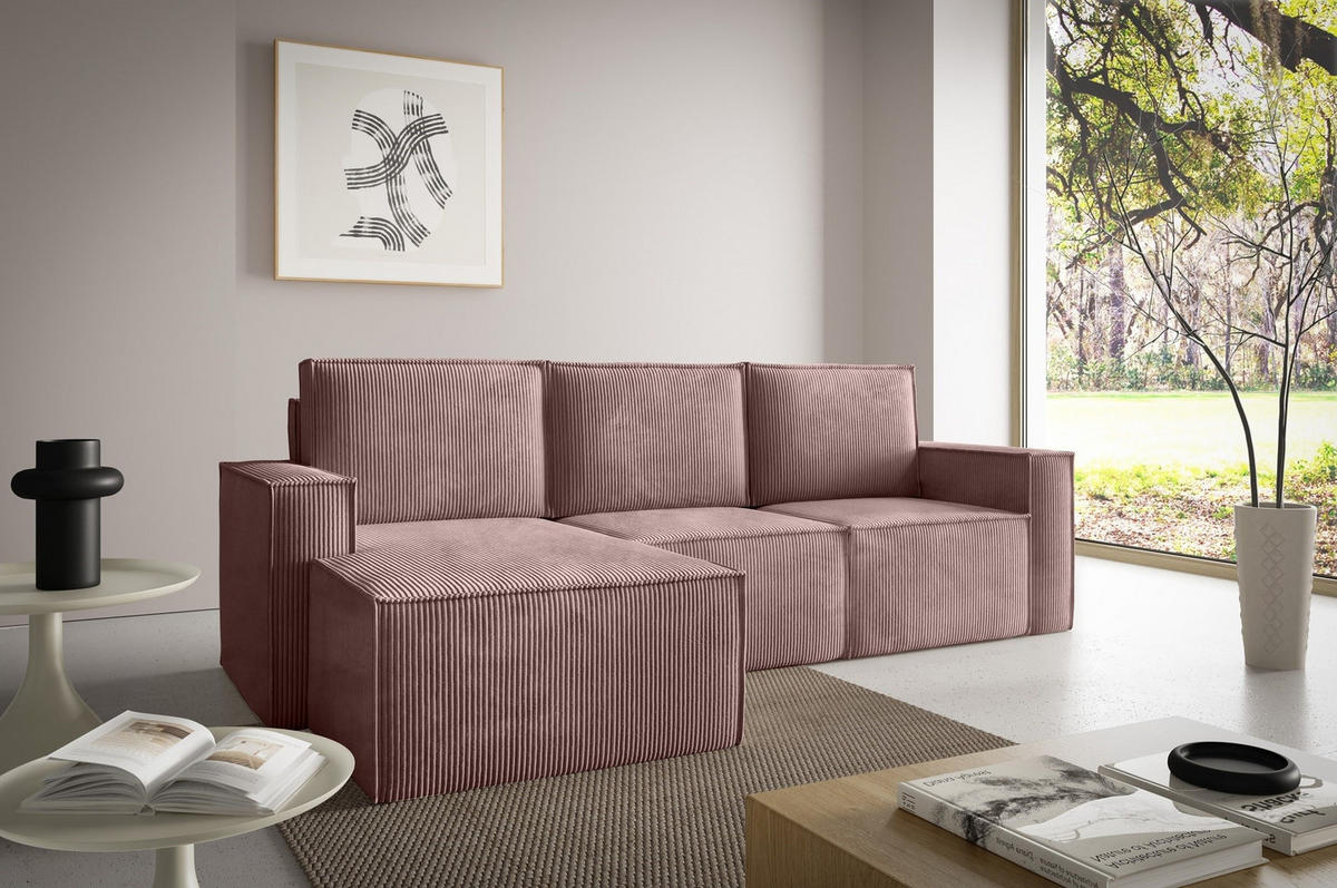 ECKSOFA Orto Rosa, Dreisitzer Kordecksofa linke seite - Rosa, Holzwerkstoff/Textil (180/142cm) - Bettso