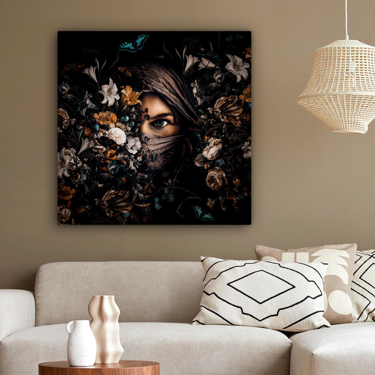 LEINWANDBILD Frau - Luxus - Blumen - Schmetterling - Porträt 90x90 cm - Schwarz, Textil (90/90cm) - MuchoWow