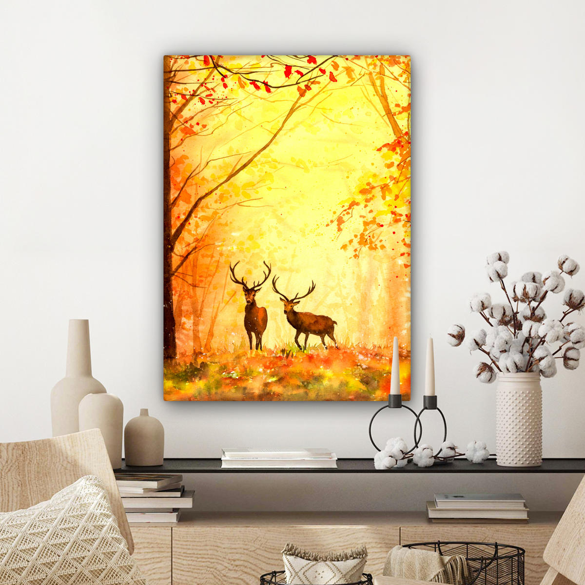 LEINWANDBILD Natur - Ölfarbe - Hirsche - Tiere - Herbst - Orange 60x80 cm - Orange, Textil (60/80cm) - MuchoWow