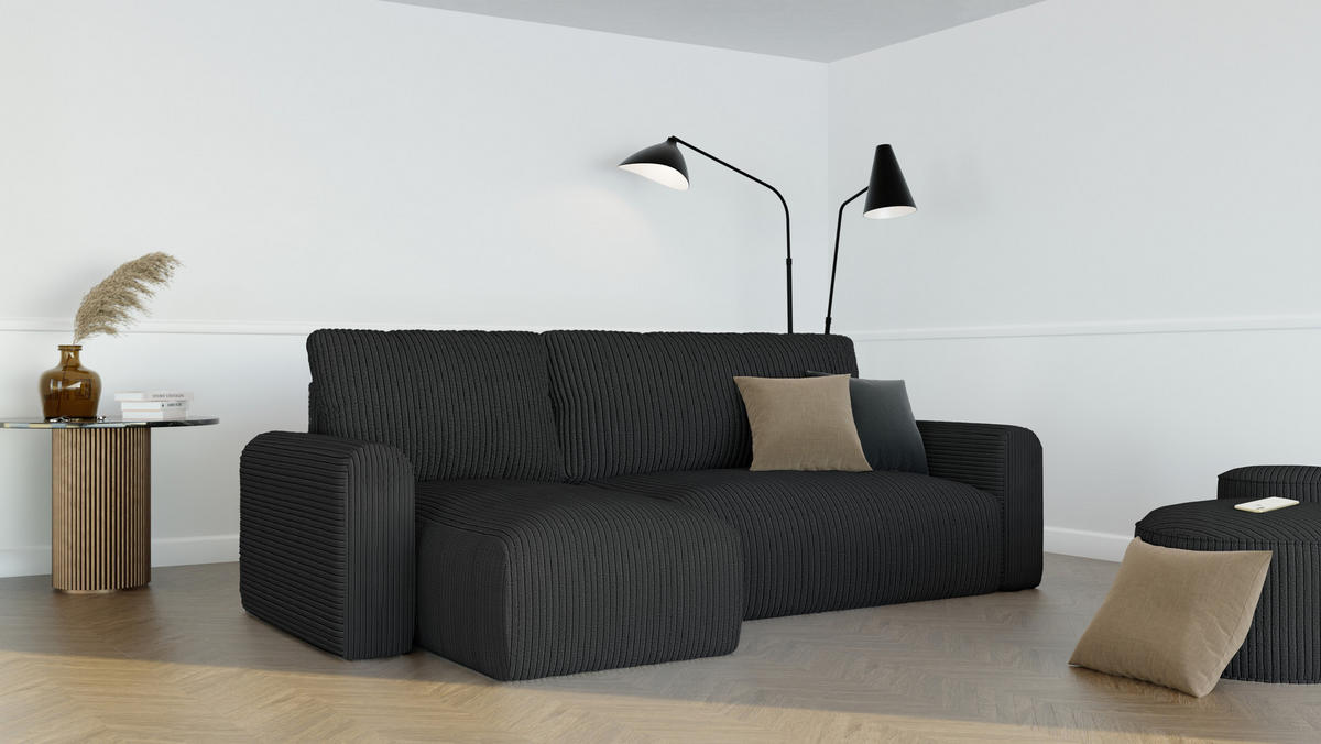 ECKSOFA mit Schlaffunktion und Bettkasten, Schwarz - Schwarz, Holzwerkstoff/Textil (244/98cm) - Idohome