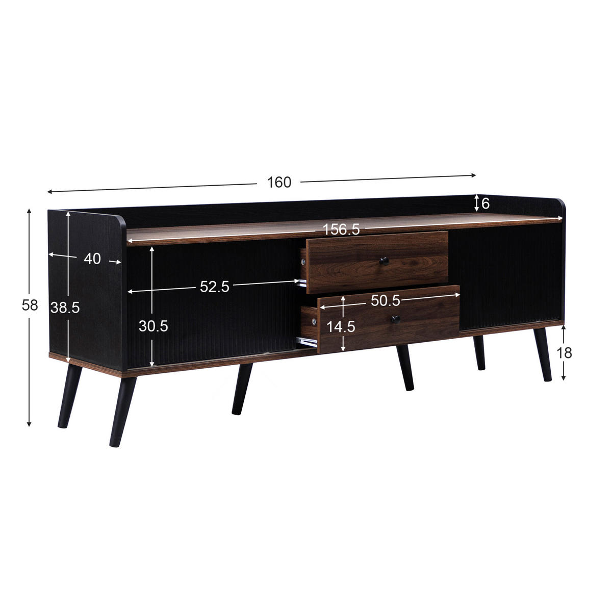 TV-LOWBOARD aus Spanplatte 160x40x58 cm Schwarz/Holzfarben mit 2 Schiebetüren, 2 Schubladen und viel Stauraum - Schwarz, Holzwerkstoff (160/58/40cm) - Modfu