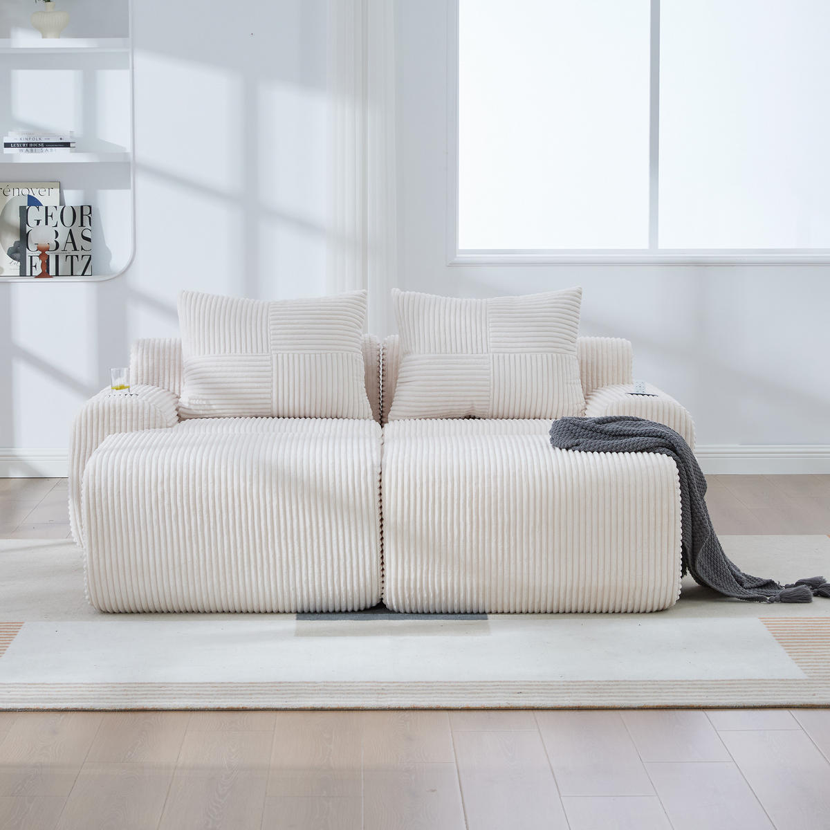 MODULARES 2-Sitzer Sofa Cordstoff mit Getränkehalter und Seitentasche 200/174/80 cm Beige - Beige, Textil (174/80/200cm) - Redom