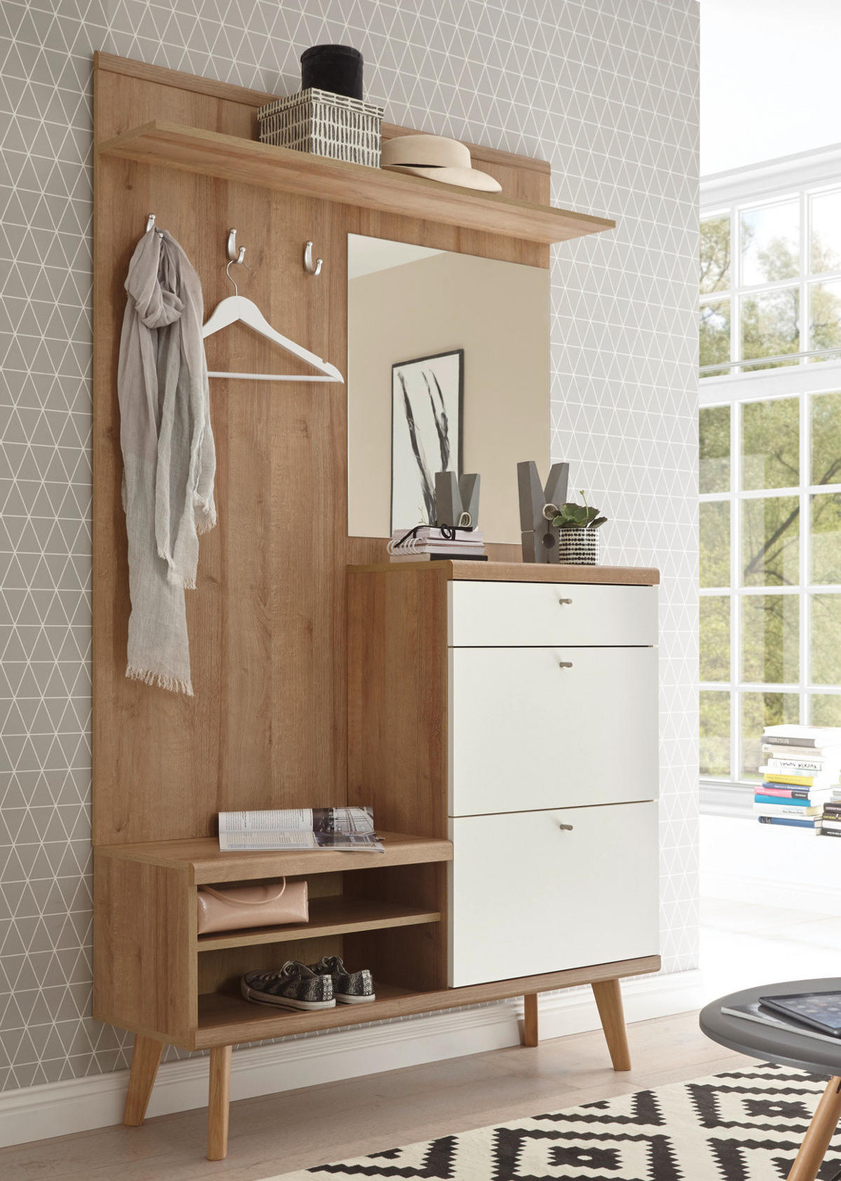 GARDEROBE weiß, Eiche Riviera, Kompaktgarderobe skandinavisch, 110 x 200 cm - Eichefarben/Silberfarben, Holzwerkstoff/Metall (110/200/34cm) - Furn.Design