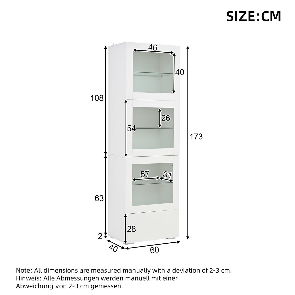 VITRINE LED Hochglanz Acryl Tür 3 Glasböden Weiß 173cm Highboard - Weiß, Glas (60/173/40cm) - FLIEKS