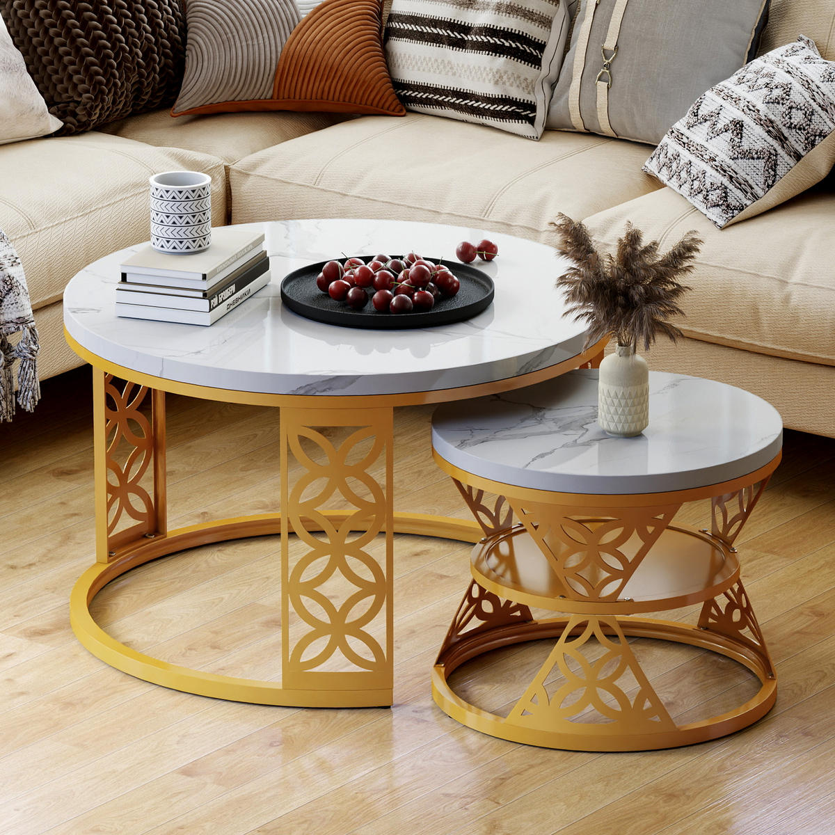 COUCHTISCH-SET mit Marmoreffekt und Metallrahmen Basis, Stapelbarer Beistelltisch Set 70/70/45 cm + 45/45/37 cm, Weiß und Gold - Goldfarben/Weiß, Holzwerkstoff (70/70/45cm) - Redom