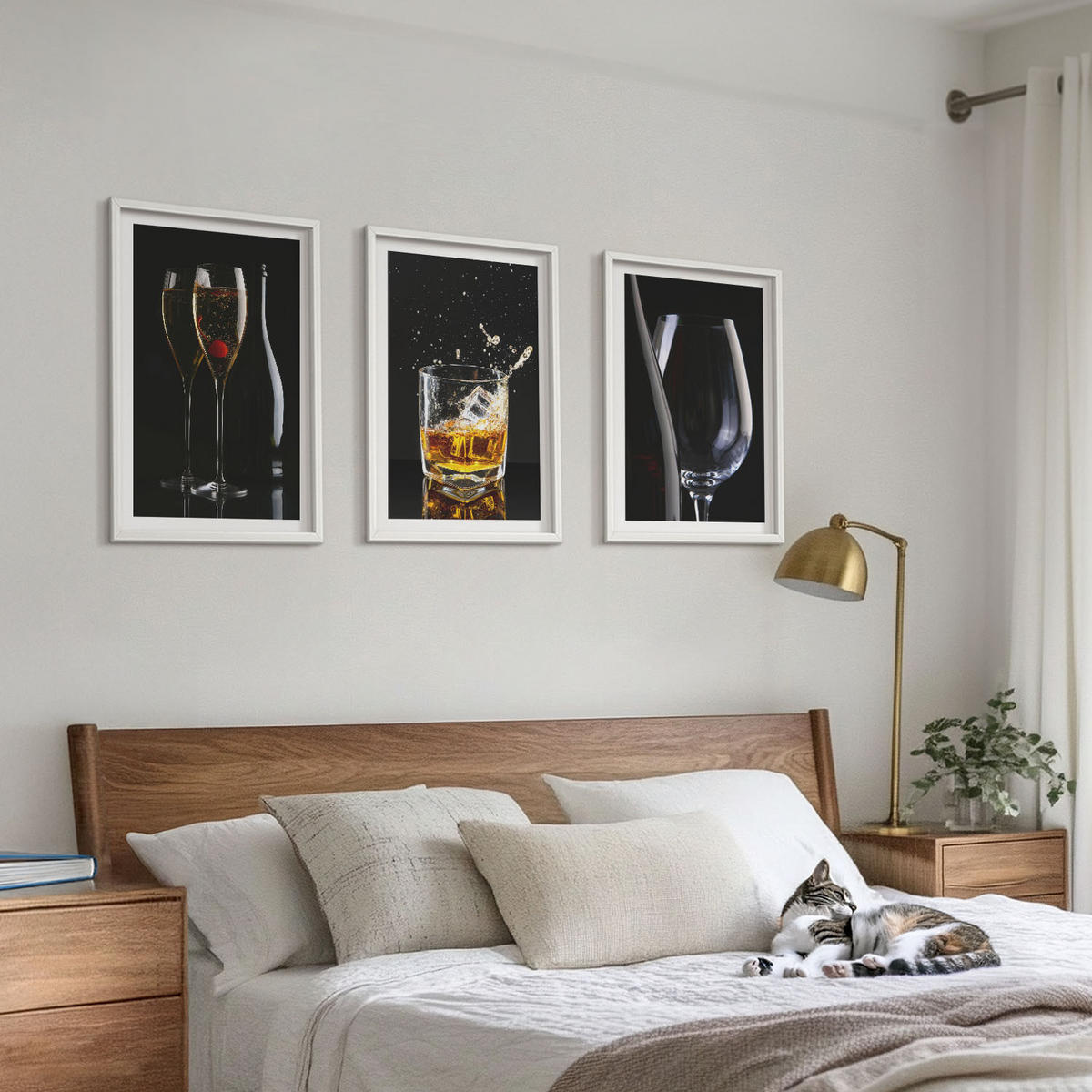 WANDBILDER 3er-Set - 40x60 cm Weißer Rahmen - Weingläser und Whiskygläser auf schwarzem Hintergrund - Weiß, Kunststoff (40/60cm) - ArtPrintCave
