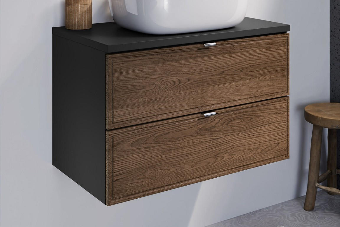 BADMÖBEL-SET 4 Teile - Talia Casella T BM89 in Schwarz Matt / Casella Oak - Hellbraun/Goldfarben, Holz/Metall (60/46/46cm)