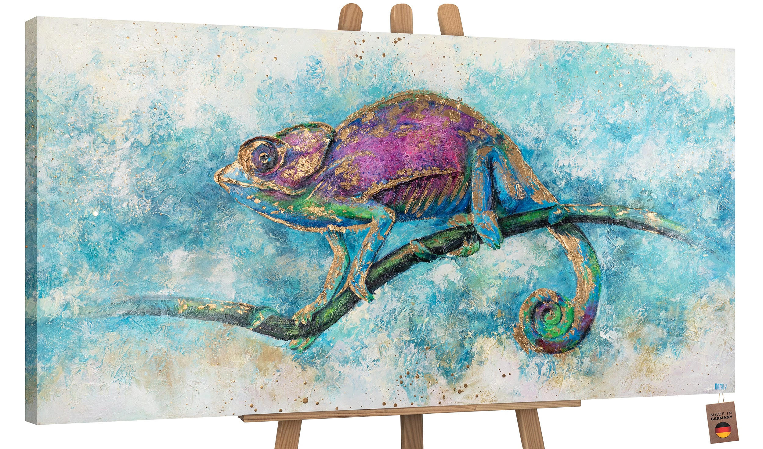 GEMÄLDE Leguan auf Keilrahmen 140x70 cm - Türkis, Holz (140/70cm) - YS-art gallery