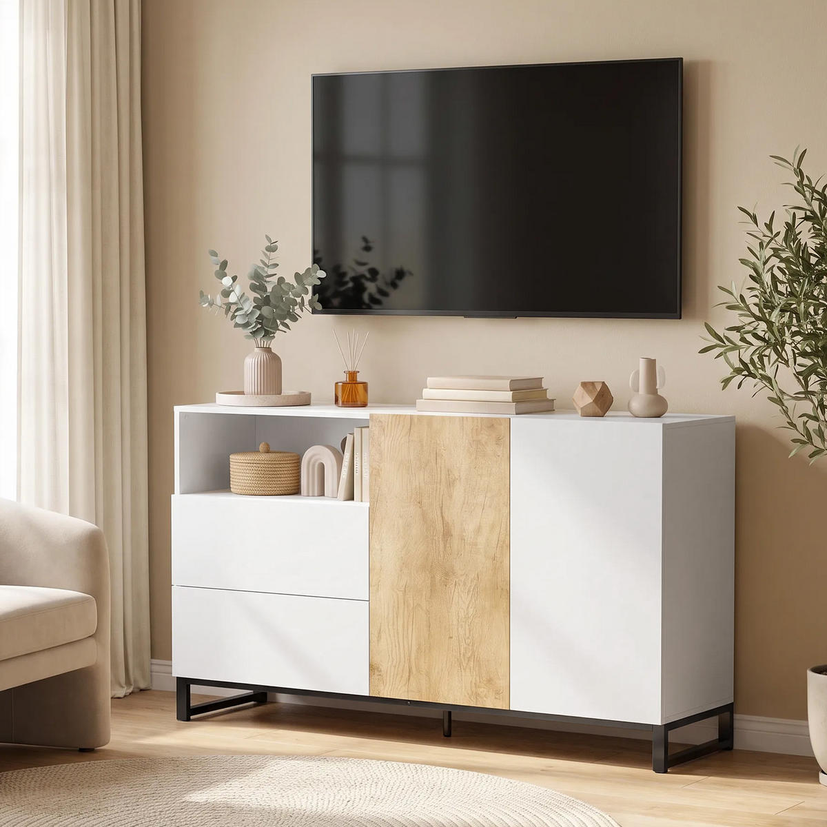 SIDEBOARD Weiß Eichefarben 140/40/85 cm - Ahornfarben/Schwarz, Metall (40/85/140cm) - PANGIVO