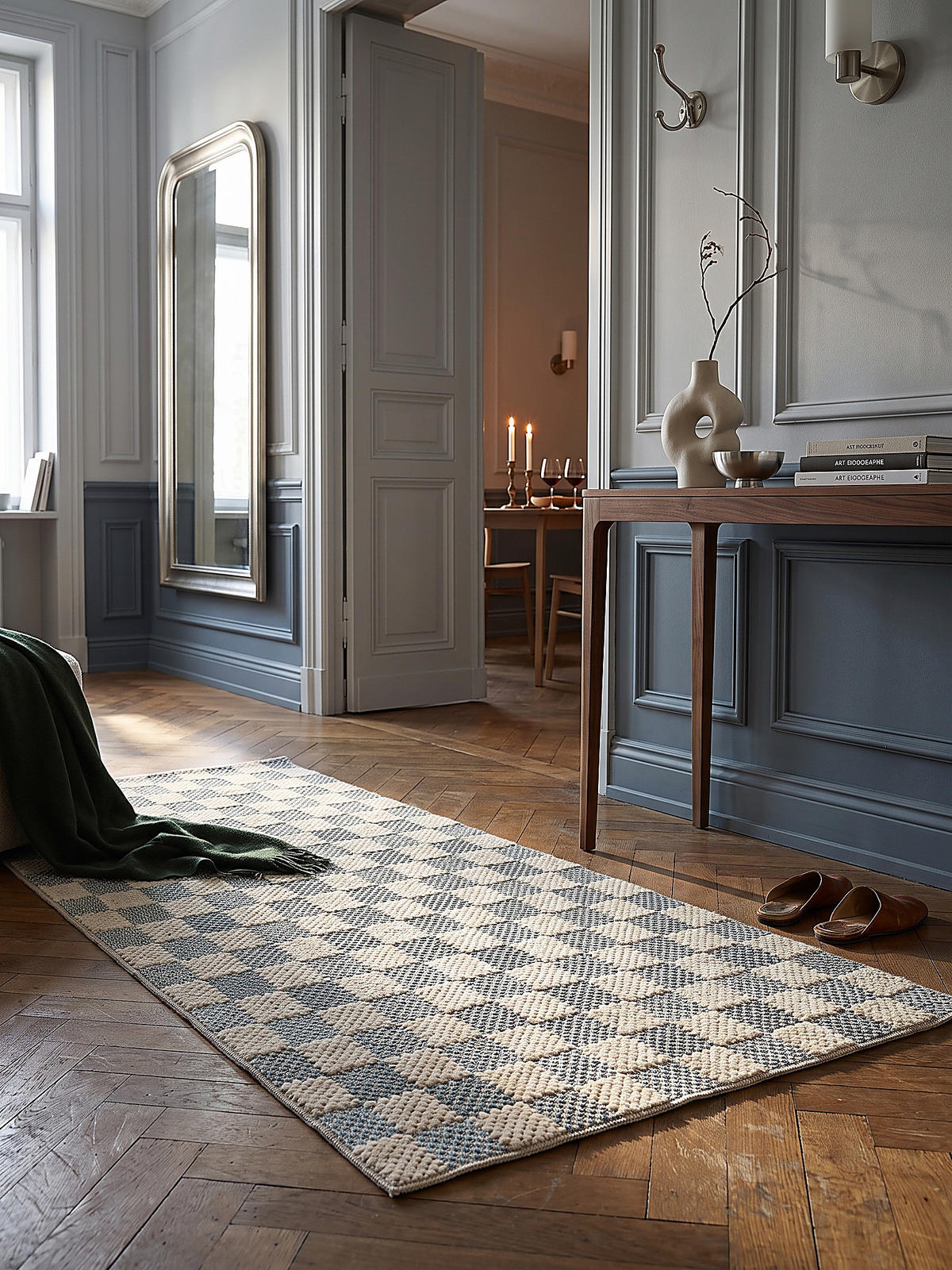 BAUMWOLLTEPPICH waschbar AFTON, Schachbrettmuster, Natur-Blau, 155 x 230 cm - Beige, Textil (155/230cm) - KADIMA DESIGN