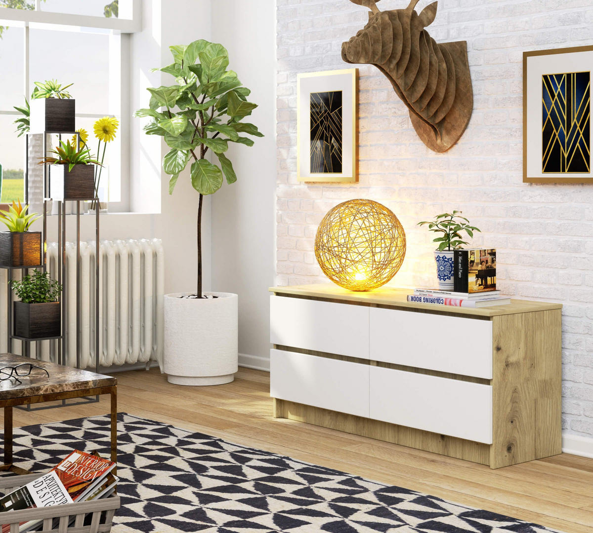 KOMMODE Eiche Artisan, Weiß 55/120/40 - Eiche Artisan/Weiß, Holzwerkstoff (120/55/40cm) - RAUMHIRSCH FURNITURE