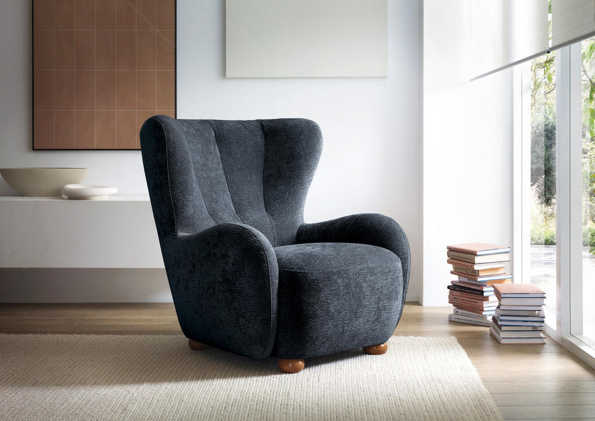 SESSEL MIST, Polstersessel Klassisch Loungesessel, Chenille-Stoff Schwarz - Schwarz, Holz/Holzwerkstoff (88/91/100cm) - MASSENO