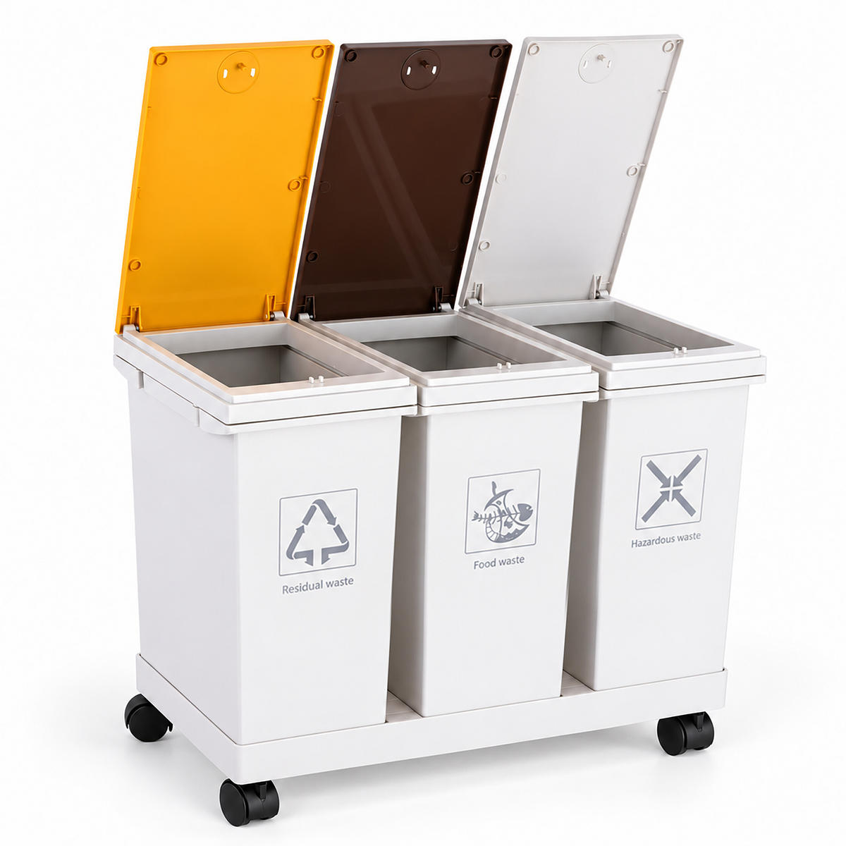 PUBELĂ Albă plastic cu roți 3 compartimente 3x 12 l - alb, material plastic (51/43/28cm) - Relaxdays