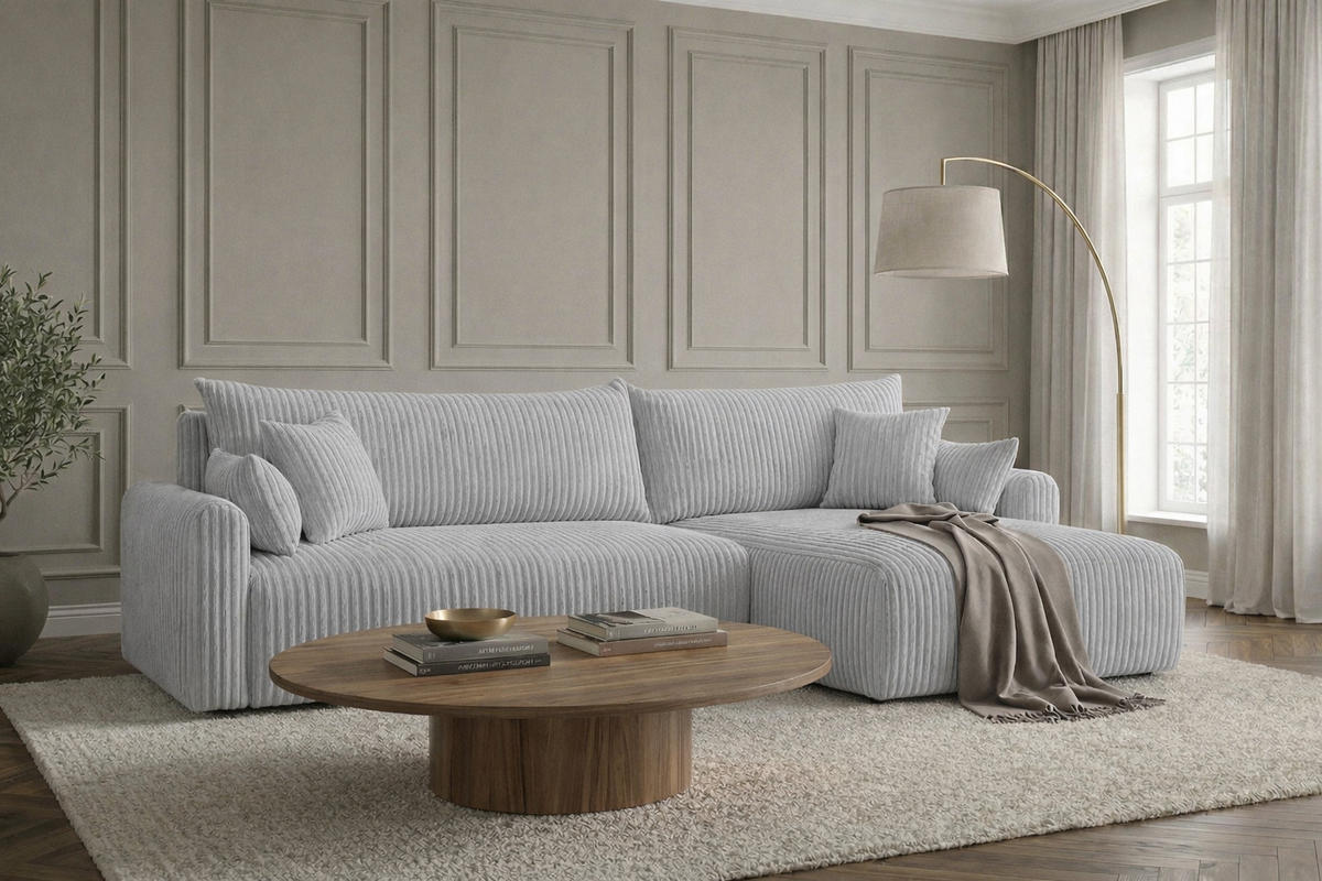 ECKSOFA Mit Schlaffunktion, Cordstoff Tilia, Grau, Rechts, JAPANDI - Grau, Holz (262/145cm) - Kaiser Möbel
