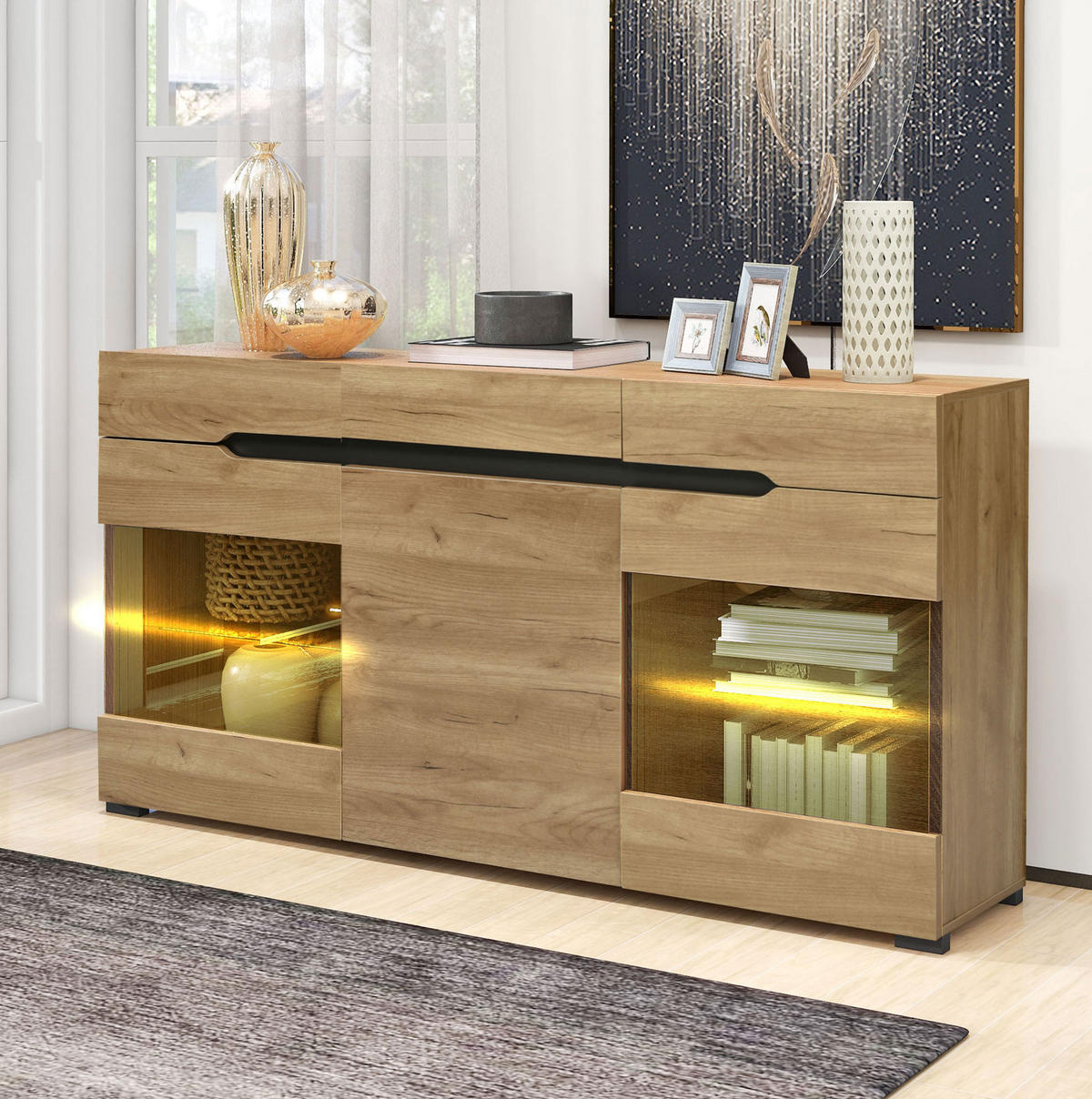 KOMODA 140/35/80 cm z LED osvetlitvijo, 3 vrati in 3 predali, hrastova - naravne barve, leseni material (140/80/35cm) - Redom