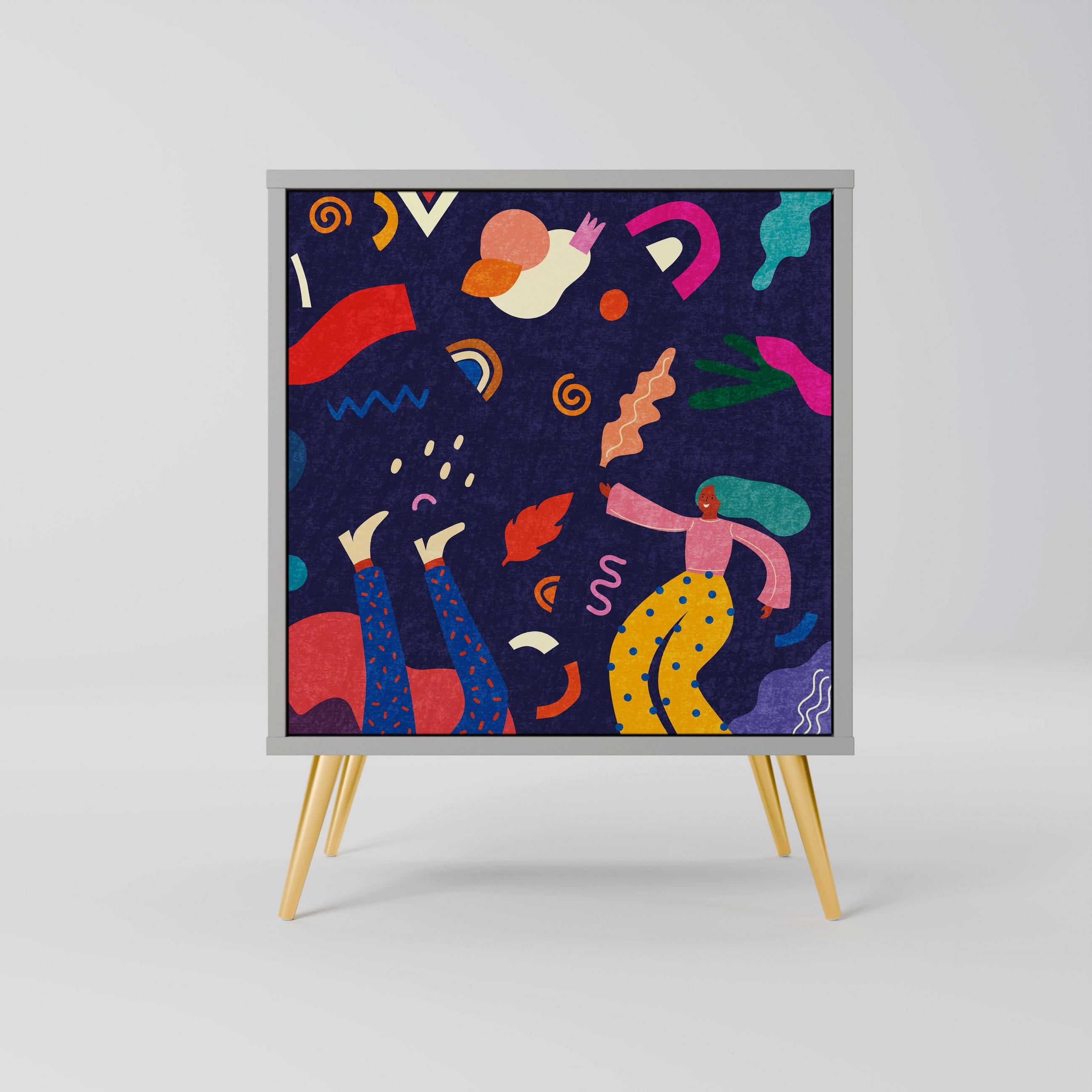 SIDEBOARD FESTIVE PLEASURES, Grau, 57,5x42x75,5 cm, Goldfarbene Metallfüße - Goldfarben/Multicolor, Holzwerkstoff/Metall (57.5/75.5/42cm) - SpaceRebels